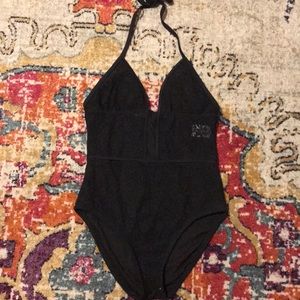 Halter top swimsuit with lace bodice